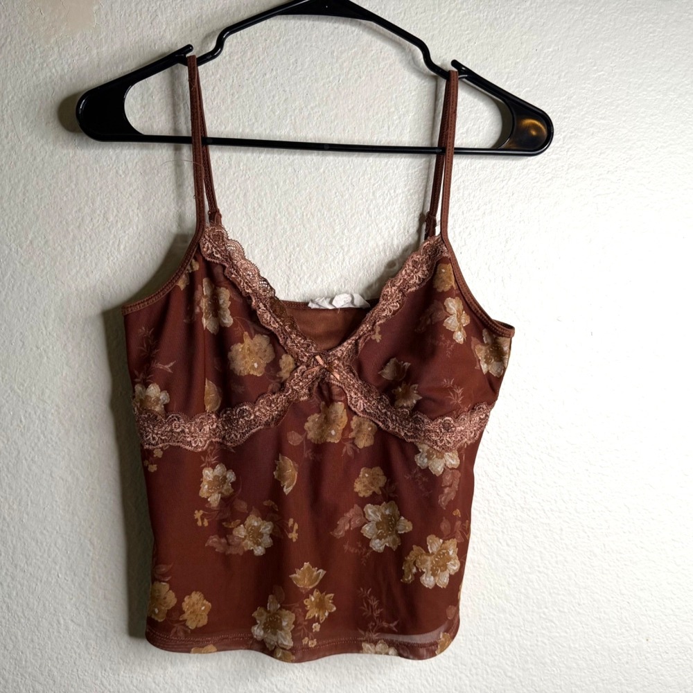 Pink Rose Babydoll Mesh Floral Y2K Fairy Grunge Cropped Top Brown Sz L
